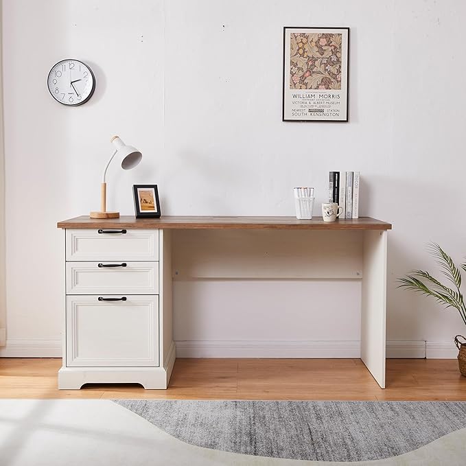 60 Farmhouse Executive Desk with Charging StationHome Office Desk with 2 Drawers &amp1 File CabinetWood Work Desk for Office and Home