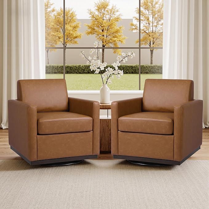 Swivel Barrel Accent Chair Mid Century Modern Arm Chair for Living Room Bedroom Comfy Club Reading Lounge Sofa Corner Chairs for Adults (Leather Brown Set of 1)