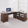 60 L-Shaped Executive Desk with 40 File CabinetFarmhouse Home Office Desk with Charging StationWood Computer Desk Set for Office WorkHome Study (Brown)