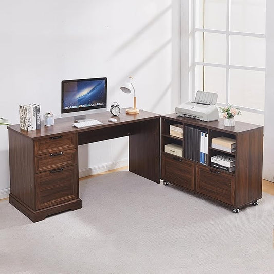 60 Farmhouse Executive Desk and 40 Mobile File Cabinet CombinationL Shaped Executive Desk with Charging StationHome Office Desk for Office WorkHome Study (Walnut)