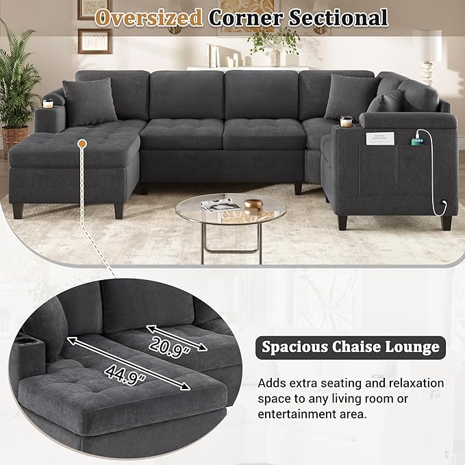 Merax 115.7 U-Shaped Chenille Sectional Sofa 4 Seat Corner Couch Oversized with Built-in Cup Holders 3 Pillows Storage Space for Living Room Grey