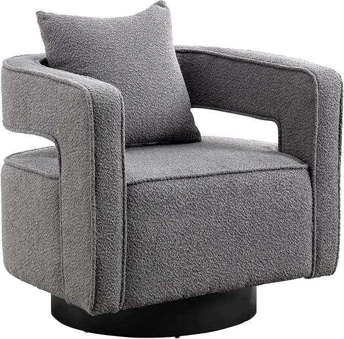 29.0 W Swivel Accent Open Back Chair Modern Comfy Sofa Chair with Black Base for Nursery Bedroom Living Room Hotel Office Club Chair Leisure Arm Chair for Lounge (Gray Boucle)