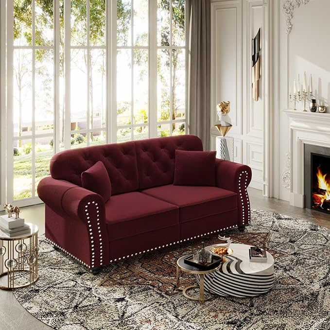 Burgundy Velvet Sofa with Button-Tufted Back &amp Nailhead Trim Mid-Century Chesterfield Style 63 Upholstered Loveseat Couch Rolled Arm Design with 2 Decorative Pillows