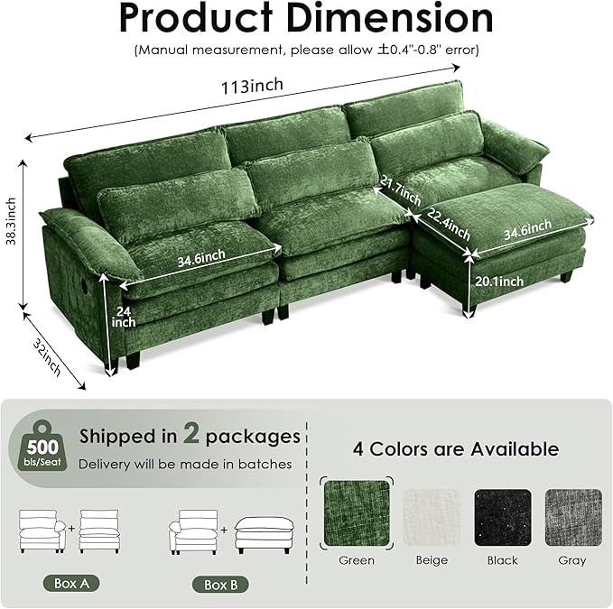 113 Modular Sectional Sofa: L Shaped Cloud Couch with Movable Ottoman Chenille 3 Seater Sofa with USB Charging &amp Side Pockets for Living Room - Green