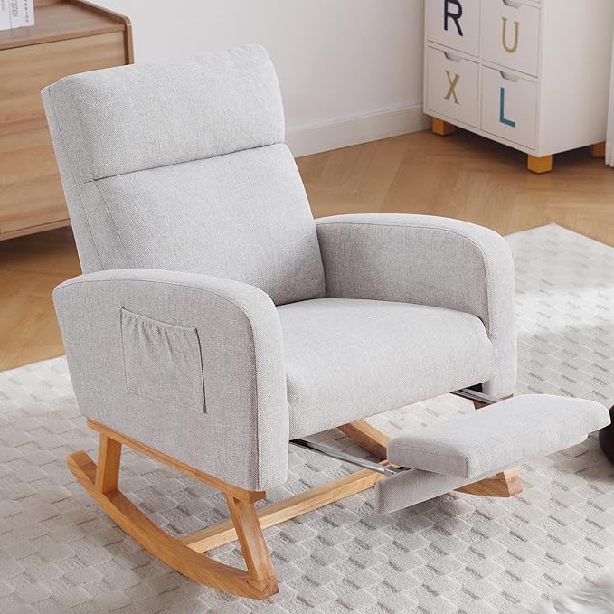 Rocking Chair Nursery with Foot Rest Nursing Rocking Chairs for Mom Breastfeeding Rocker Glider Chair with High Backrest for Living Room Bedroom Light Grey