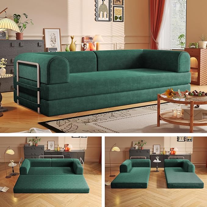 Folding Boneless Couch Convertible Sleeper Sofa Bed Futon Lounge Chair Boneless Corduroy Loveseat with Pull Out Bed Floor Sofa Modular Couch for Living Room Basement Movie Theater Room Green