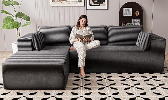 106 Cloud Sectional Boneless Couches for Living Room Modular L Shaped Couch with Deep Seat Oversized Left Facing Chaise Memory Foam Compressed Spineless 3 Seater Sofa for Bedroom Apartment Grey
