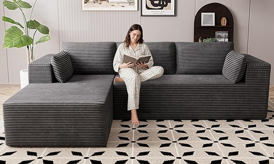 106 Cloud Sectional Boneless Couches for Living Room Modular L Shaped Couch with Deep Seat Oversized Left Facing Chaise Memory Foam Compressed Spineless 3 Seater Sofa for Bedroom Apartment Grey