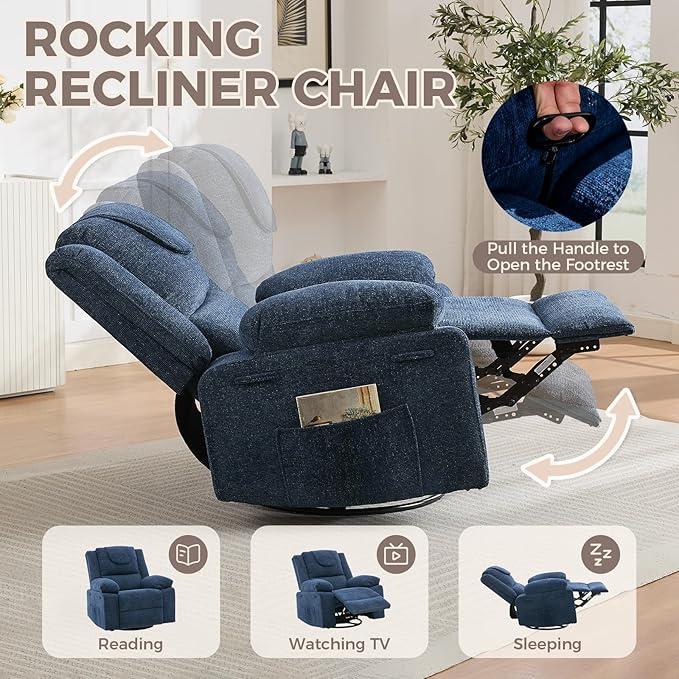 Oversized Massage Rocker Recliner Chair for Adults360° Swivel Rock Recliner Chairs Single Sofa with Vibration Massage and HeatingSide Pocket for Living Room/BedroomBlue