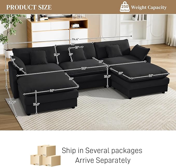 Cloud Couch Sectional Modular Sofa114.4 Comfy Black Sectional Couches for Living Room Upholstered U Shape 3 Seat Deep Cloud Sofa with Movable Ottoman DIY Combination Velvet Black