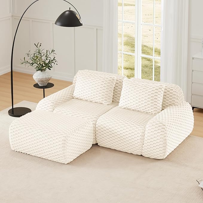 82'' Boneless Couch Modular Sectional Sofa Small L-Shaped Couch with Buckle Connection Anti-Slip Design Flannelette Fabric Couches for Living Room (Cream 2 Seat + 1 Ottoman)