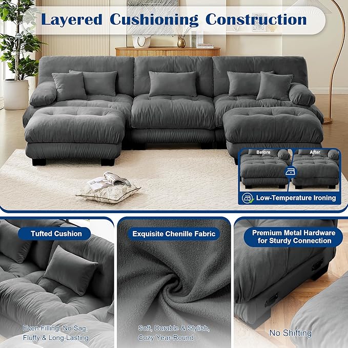 Oversized Cloud Couch Fluffy Sectional Couch for Living Room L Shaped Sofa with Movable Ottoman Chenille Grey