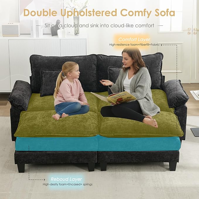 URRED Cloud Couch Modular Sectional Sofa 87 Modern Loveseat Sofa with 2 Ottomans &amp Pillows Ultra Comfy Chenille Couches for Living Room Bedroom or Apartment Black