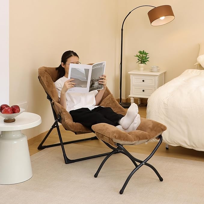 Comfy Saucer Chair for Adults Soft Faux Fur Bedroom Chair Accent Dorm Chairs Flexible Living Room Reading Chairs Oversized Folding Seat for Teens X-Large Brown
