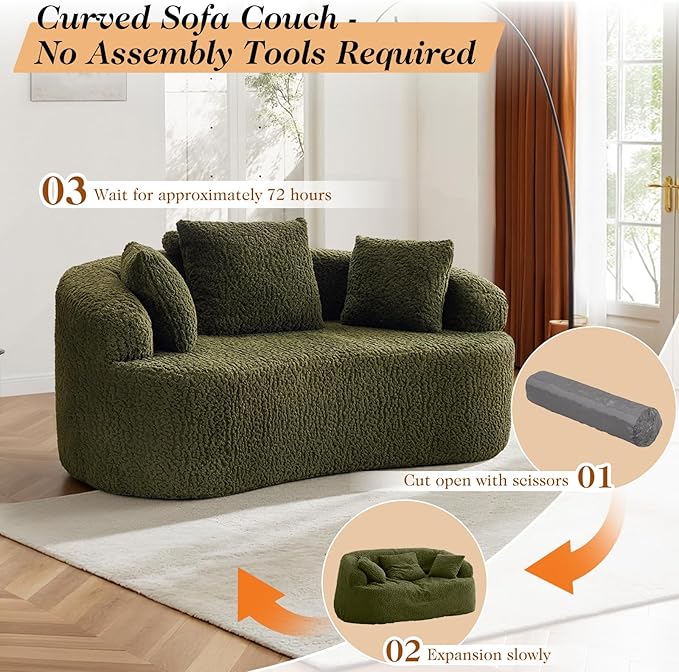 Curved Couch Loveseat Sofa Luxury Deep Seat Loveseat Sofa Couch for Small Place Modern Cloud Couch Floor Couch with 3 Pillows for Living Room &amp Bedroom No Assembly Required (Green)