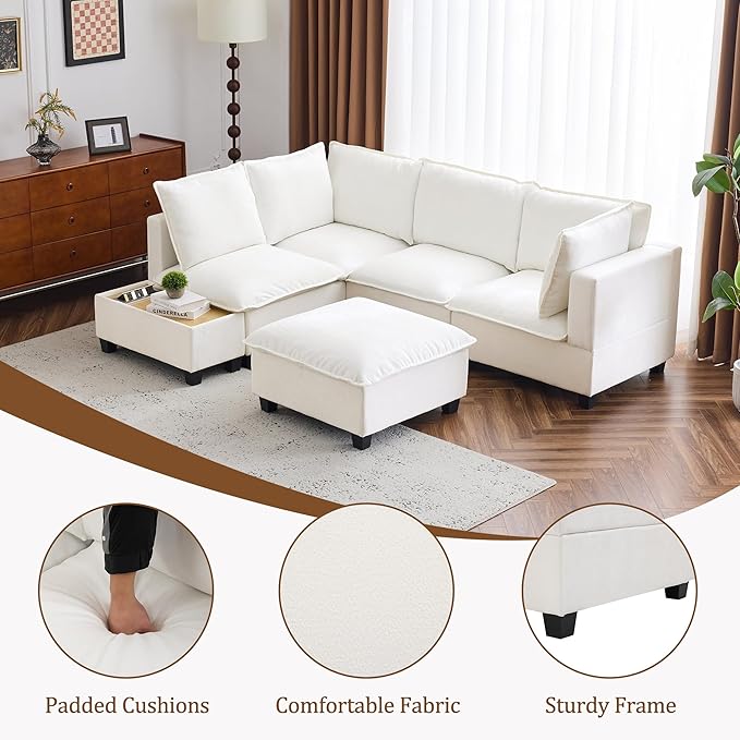 Merax Modern 90 U-Shaped Chenille Sectional Sofa Set Modular Sofa Couch with a Movable Ottoman a Coffee Table with Hidden Charging Devices for Living Room White