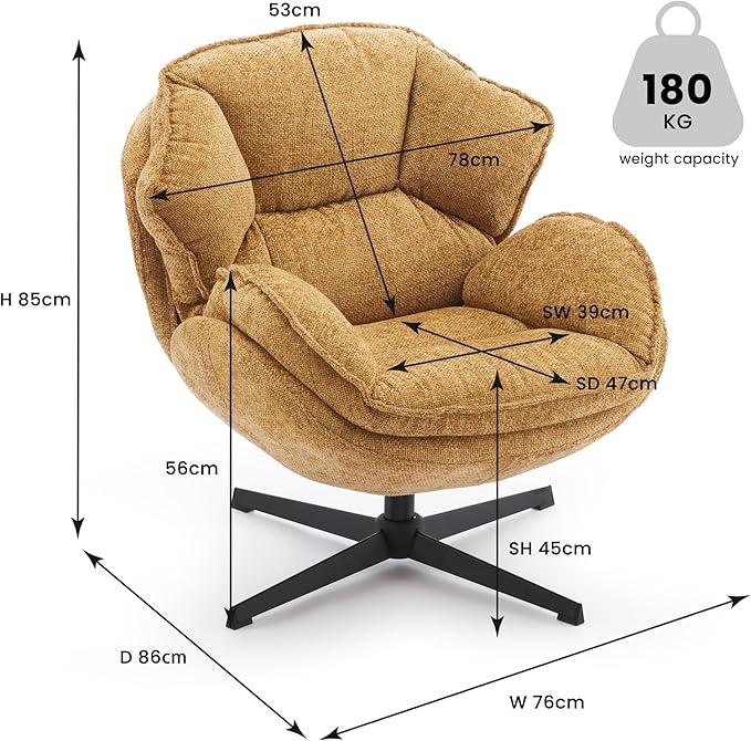 IWMH Swivel Accent Chair for Living Room Upholstered Armchair with Metal Legs Lounge Sofa Chair Comfy Leisure Chairs for Bedroom Reading (Yellow)