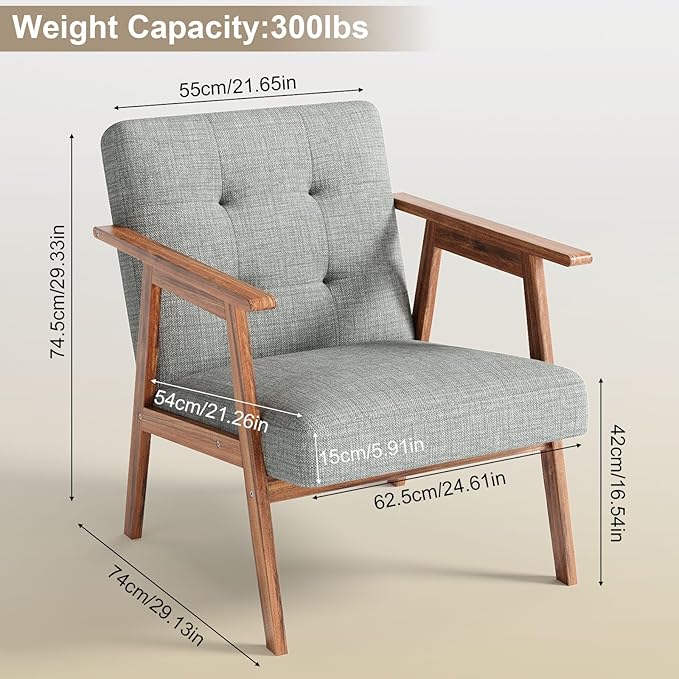 Accent Chair Upholstered Fabric Lounge Chair with Solid Wood Frame &amp Soft Cushion for Living Room Bedroom Balcony Gray
