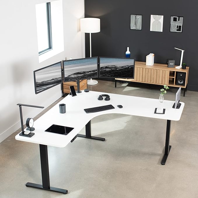 VIVO Electric Height Adjustable 71 x 71 inch Curved Corner Stand Up Desk White Table Top Black Frame Memory Controller L-Shaped Workstation E3C Series DESK-KIT-E3CBW