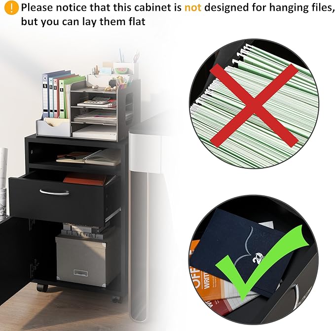 Black Mobile Storage Cabinet with Drawer and Cabinet Open Storage Space Rectangular Portable Filing Cabinet Traditional for Office Study Room
