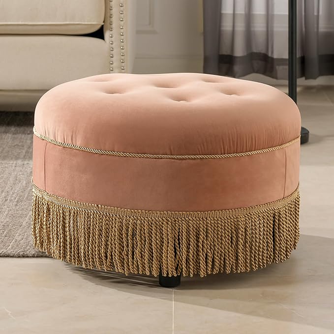 24 Velvet Round Ottoman with Medium Firm Foam Cushion &amp Gold Tassel Trim Sofa Bench with Upholstered Accent Footstool &amp Button-Tufted Seat for Living RoomBedroomOffice Orange