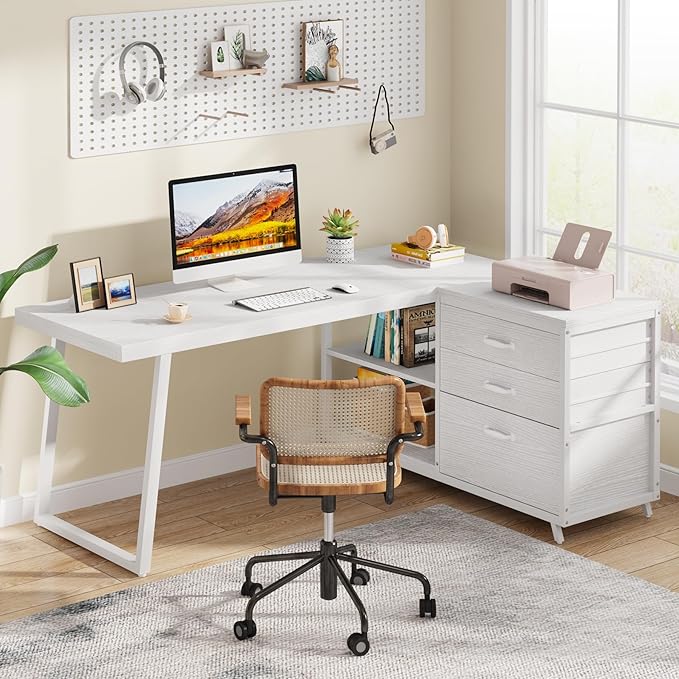 Tribesigns L-Shaped Computer Desk with 3 Drawers Reversible Corner Home Office Desk with Shelves 53-Inch Industrial PC Desk Study Writing Table Workstation for Small Space White