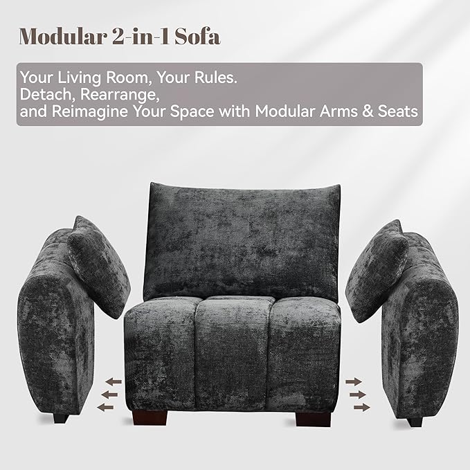 112 Mid Century Modern L Shaped Couch 3 Seater Modular Sectional Sofa with Movable Ottoman Deep Seat and Solid Wood Legs Cloud Couch for Living Room Chenille Tufted Sofa Grey