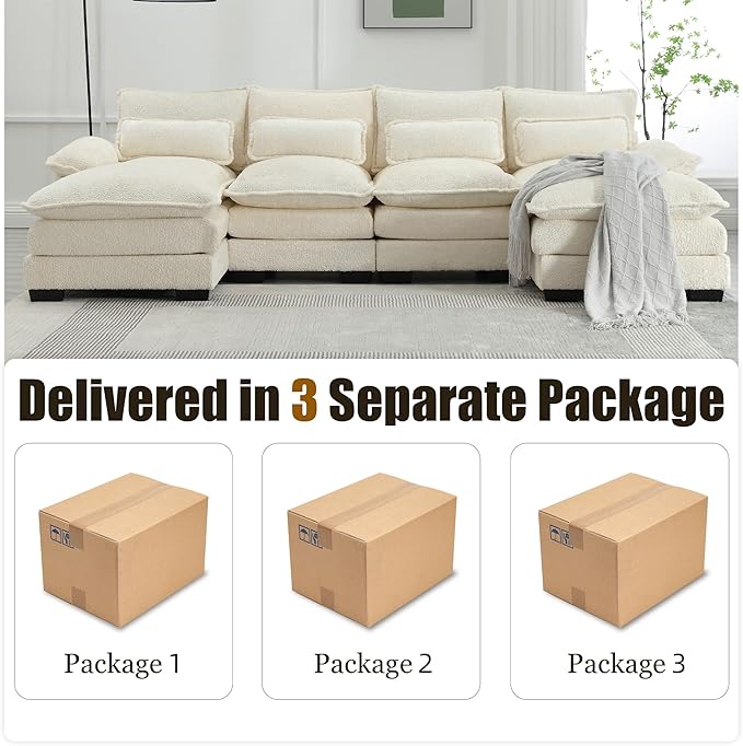 110'' U-Shaped Sectional Couch Modern Chenille Extra Large Modular Sofa with 4 Cushions Memory Foam Funiture Set with Double Lounger for Living Room Office Reception Room Beige
