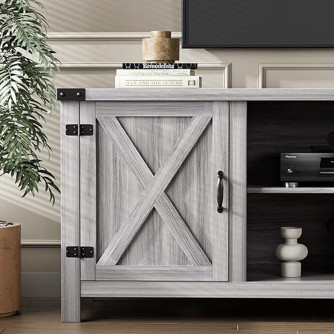 YESHOMY Modern Farmhouse TV Stand with Two Barn Doors and Storage Cabinets for Televisions up to 65+ Inch Entertainment Center Console Table Media Furniture for Living Room 58 Inch Gray Wash