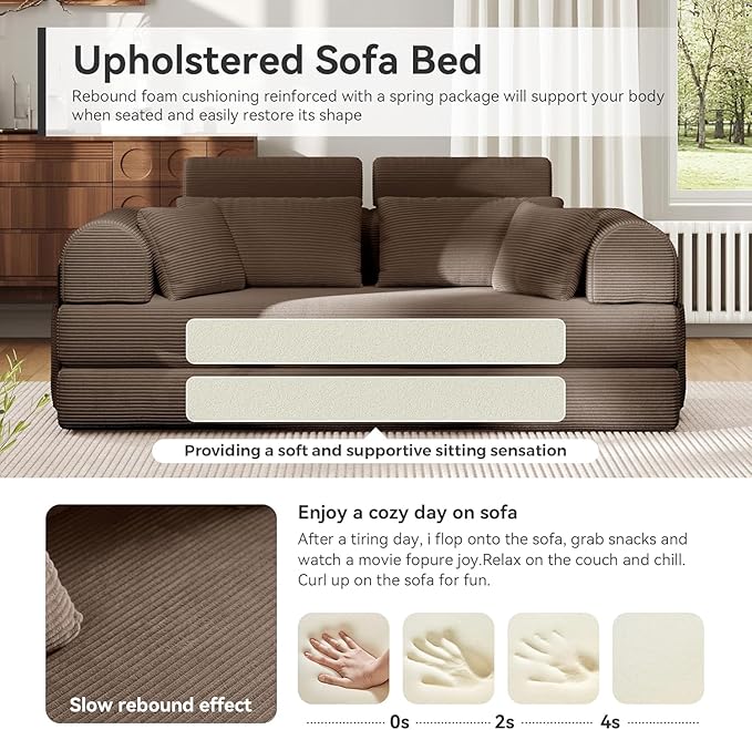 79'' Upgrade High Backrest Sofa Bed with Fixed Frame Removable Armrests &amp Backrest Corduroy Fabric Convertible Couch for Small Spaces No Assembly Needed (High Backrest Brown)