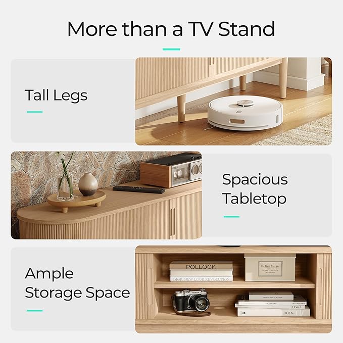 LINSY HOME 58 Fluted TV Stand for TVs up to 65 Inch Mid Century Modern Entertainment Center with Storage Cabinet and Sliding Doors Farmhouse Wood Media TV Console for Living Room Bedroom Oak