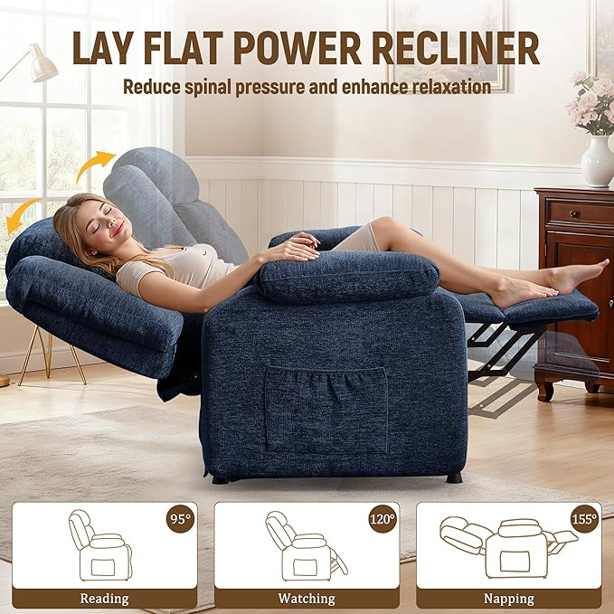 Power Recliner Chair Living Room Chairs for Adults Oversized Electric Recliner with Side Pockets Chenille Fabric Reclining Chair for Living Room Bedroom