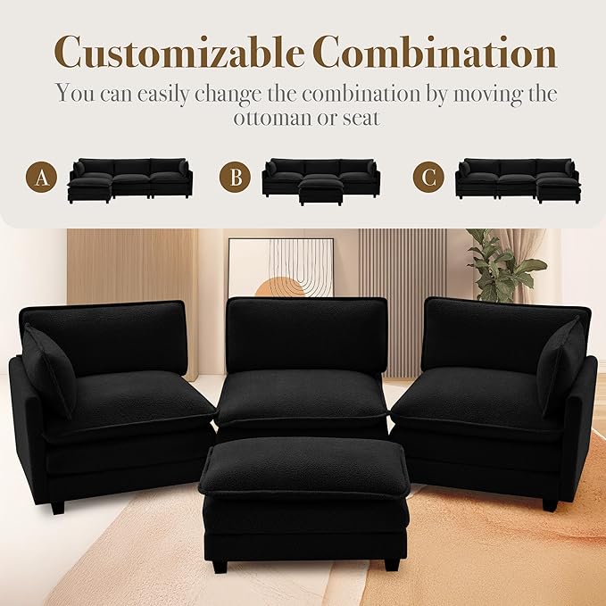 ROWHY 112'' Modular Sectional Cloud Couch with Movable Ottoman 4 Seat Modern Chenille Sofa with 2 Throw Pillows Deep Seat L Shaped Couch for Living Room Bedroom Apartment Black | Arrange Freedom P