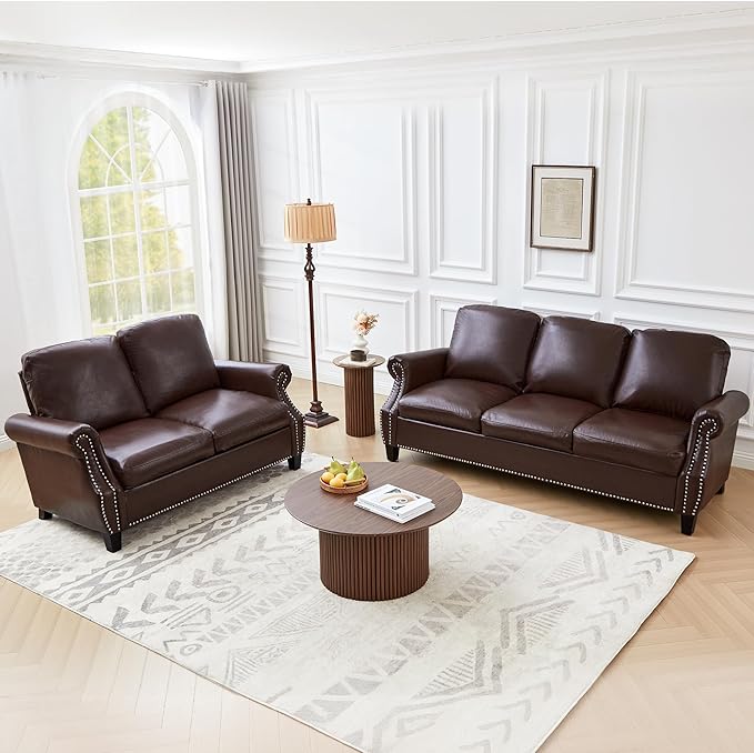 LEVNARY Compact PU Leather Sofa Set 3 Piece Small Space Couch Set with 3-Seater Loveseat &amp Armchair Comfortable Nailhead Trim Living Room Furniture for Apartment Office Guest Room (Brown)