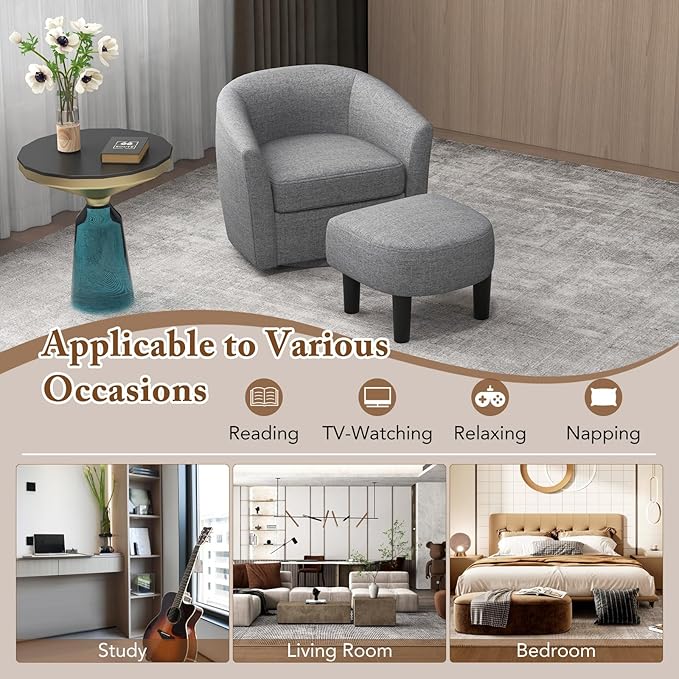 GOFLAME Swivel Barrel Chair with Ottoman Modern Linen Fabric Accent Chair with Footrest Curved Backrest Removable Seat Cushion Upholstered Club Tub Sofa Chair for Bedroom Living Room Grey