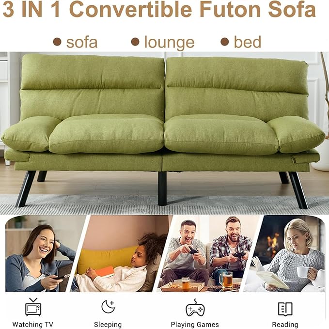 70Modern Linen Convertible Folding Futon Couch Sofa Bed Adjustable Pillow Top Arm Memory Foam Couch Double Loveseat Sofa for Compact Living SpaceDormGame StudioApartmentBedroom (Green)