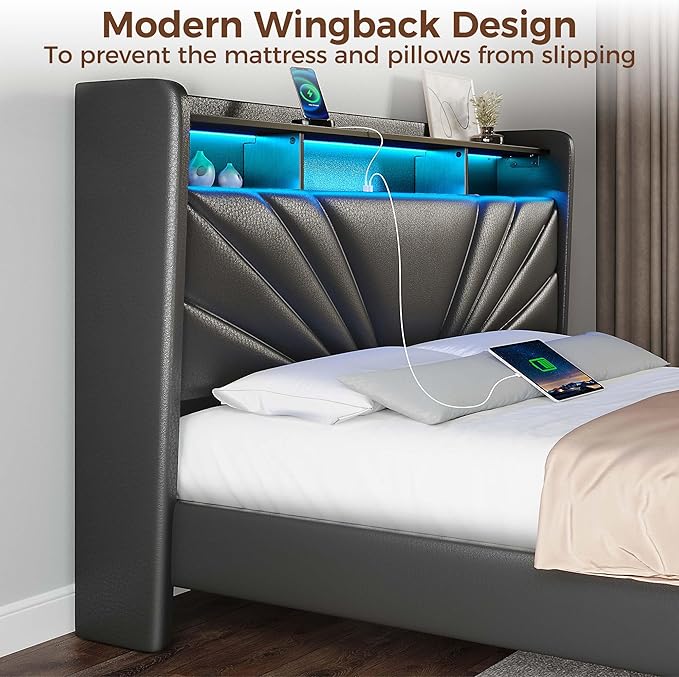 Rolanstar Queen Size Bed Frame Storage Headboard with Charging Station and LED Lights Upholstered Bed with Heavy Duty Wood Slats No Box Spring Needed Noise Free Easy Assembly Black