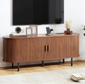 55 TV Stand with Power Outlet Mid-Century Modern Television Stand Fluted Media Console with Sliding Doors Entertainment Center for TVs up to 60 Inch Adjustable Shelves Walnut
