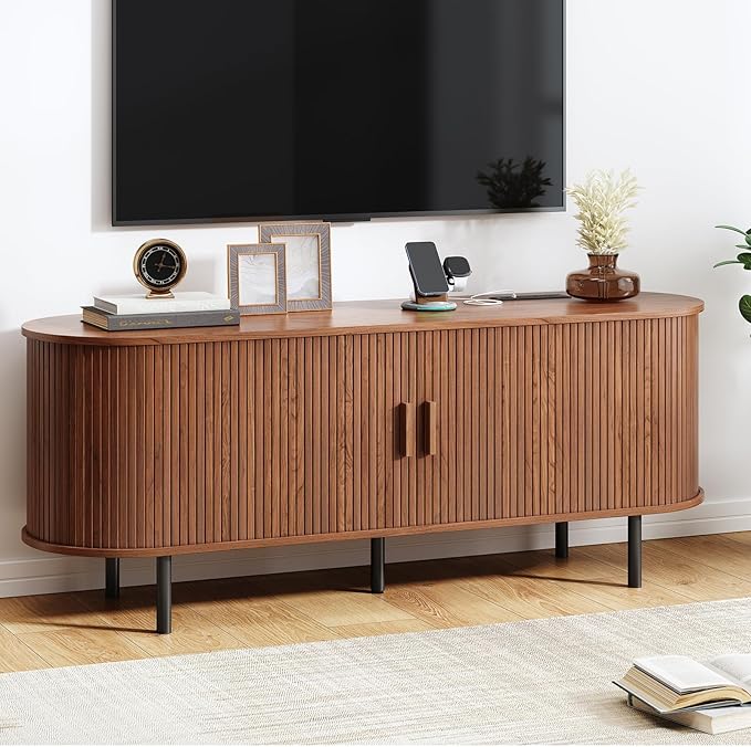 55 TV Stand with Power Outlet Mid-Century Modern Television Stand Fluted Media Console with Sliding Doors Entertainment Center for TVs up to 60 Inch Adjustable Shelves Walnut