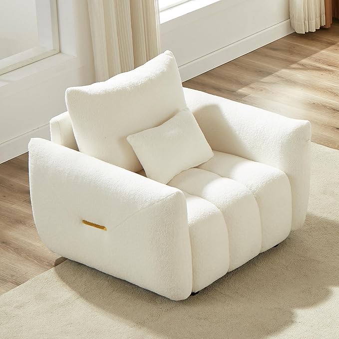 Modern Accent Chair with One Pillow 35.24'' Teddy Fabric Upholstered Sofa with Solid Wood Frame Single Sofa Lounge Chair for Apartment Office Living Room (Beige * Pillow98)