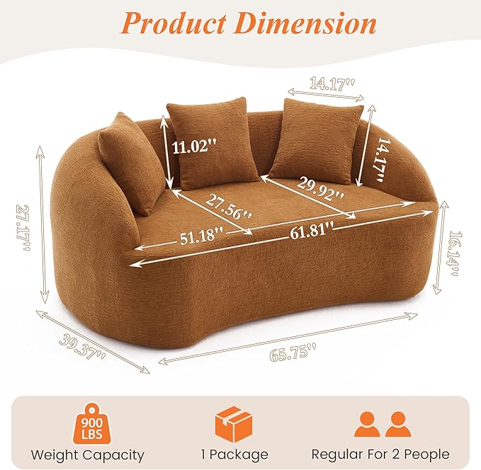 65.75 Curved Loveseat SofaBoneless Loveseat Couch11.02 Raised BackrestDeep SeatWood Grain Chenille Fabric Curved Sofa Couch for Small Spaces (Orange65.75)