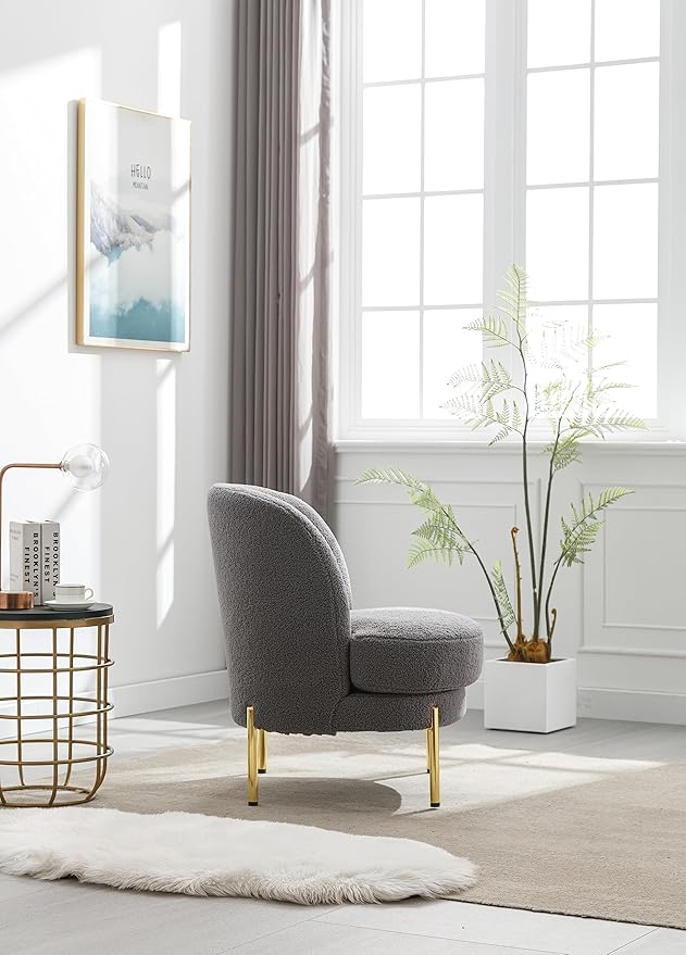 28.4 W Accent Chair Upholstered Curved Backrest Reading Chair Single Sofa Leisure Club Chair with Golden Adjustable Legs for Living Room Bedroom Dorm Room (Gray Boucle)