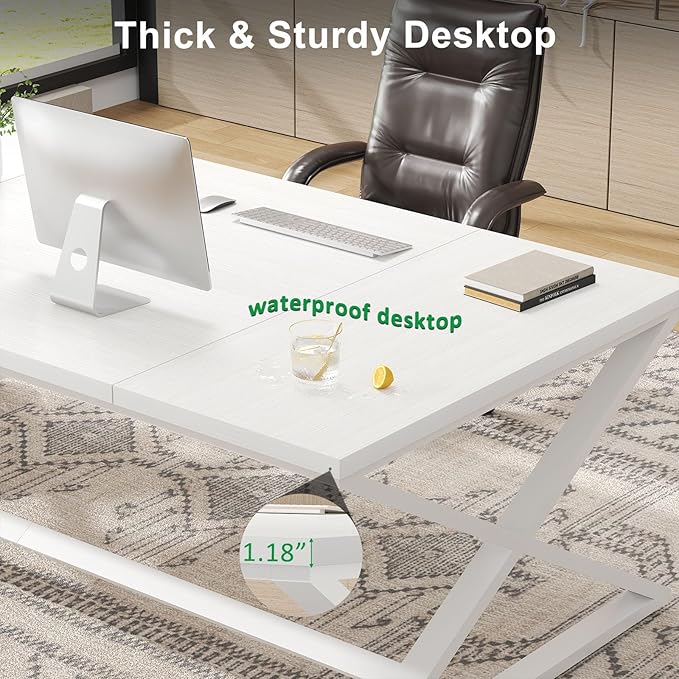 IBF Long White Computer Desk Modern Simple Large Home Office Desk Wood Metal Work Study Writing Table for 2 Monitors Double Pc Gaming Executive Workstation in Bedroom Living Room White Oak70 in
