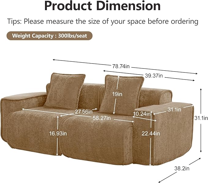 Casaphoria Velvet Modular Sofa 78.74 Inch Brown 2-Seater Couch with 2 Removable Pillows No Assembly Required Ideal for Apartments &amp Small Living Rooms