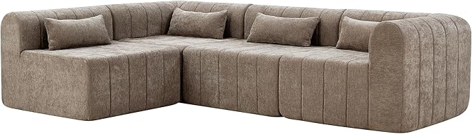 145.5 Inch Modular Full-Compressed Sectional Sofa Polyester Upholstered Modular Sofa with 4 Pieces Compressed Sponge Modular Couch for Living Room (Espresso-X200)