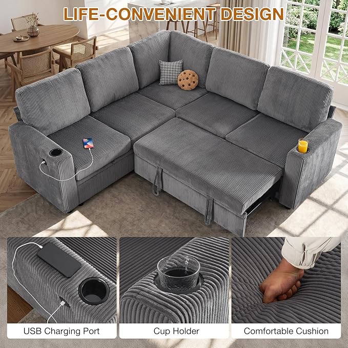 83 Sleeper Couch with Pull Out Sofa Bed 5-Seater Sectional Couches for Living Room L-Shaped Couch with Storage USB Port &amp Cup Holder Corduroy Convertible Corner Sofa for Apartment