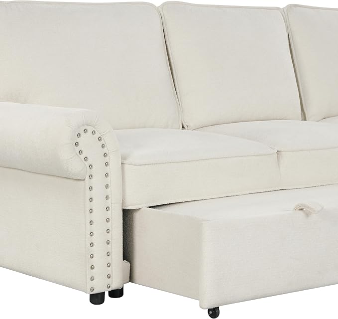 95 Convertible Sofa Bed Sectional Sofa Sleeper with Storage Chaise Pull-Down Backrest with 2 Cup Holders Arc Armrests with Nailhead Trim Polyester Fabric Acacia Wood Frame (Beige-12s)