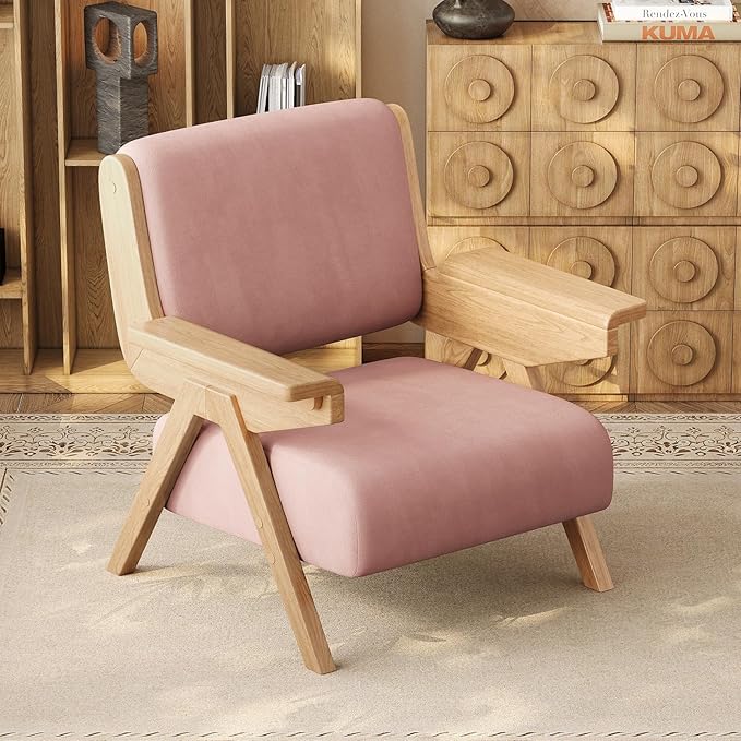 Accent Chair Mid Century Modern Chair Velvet Upholstered Lounge Arm Chair with Solid Wood Cozy Seating for Living Room Bedroom Balcony (Pink Single Chair)
