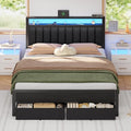 Furnulem Queen Bed Frame with Charging Station and LED Lights Grey Upholstered Headboard with Shelves Metal Platform Bed with 2 Under-Bed Storage (Fabric Drawer on Wheels) No Box Spring Needed