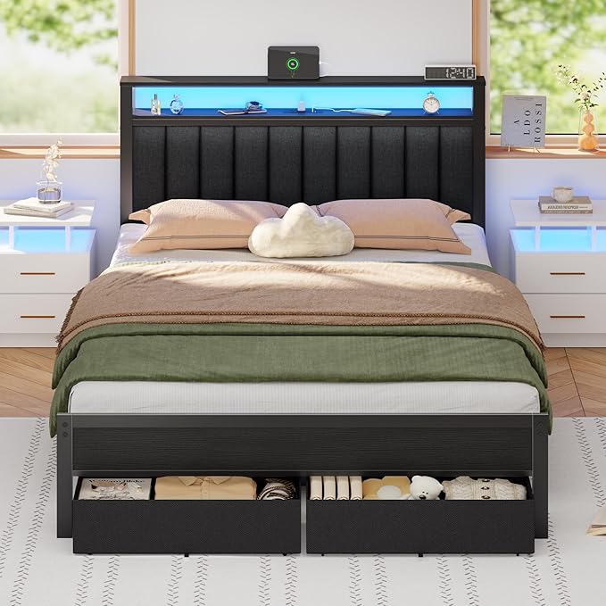 Furnulem Queen Bed Frame with Charging Station and LED Lights Grey Upholstered Headboard with Shelves Metal Platform Bed with 2 Under-Bed Storage (Fabric Drawer on Wheels) No Box Spring Needed